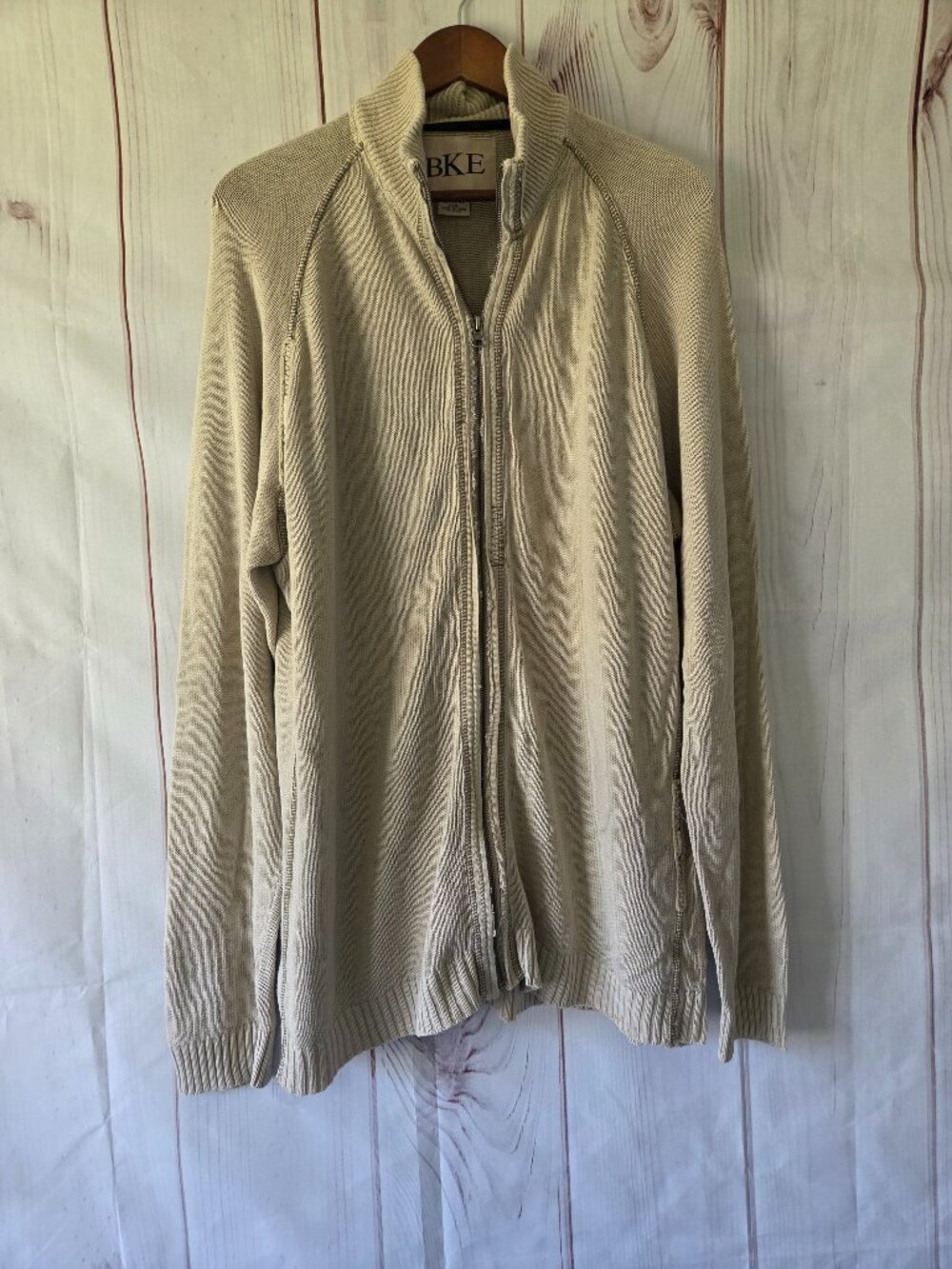 BKE Vintage Buckle Full-zip Ribbed Cardigan Sweater, Men’s XXL. Tan, heavy knit